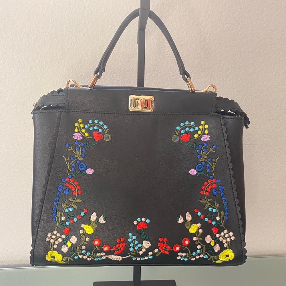 HANDBAG REPUBLIC FLORA EMBROIDERED HANDBAG DESIGN TOP HANDLE VEGAN LEATHER
